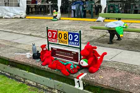 picture scoreboard surrounded by toy dragons