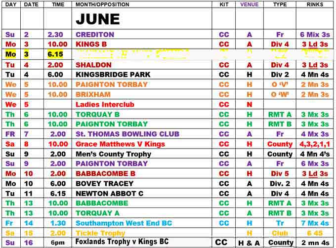 The June Fixture list part 1 image
